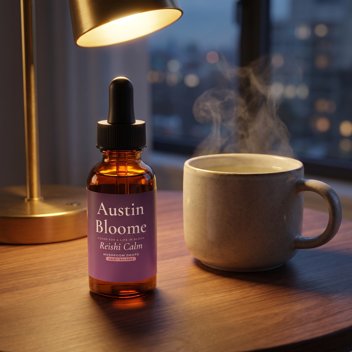 Reishi Calm Drops under warm lamplight on a side table beside a mug of tea