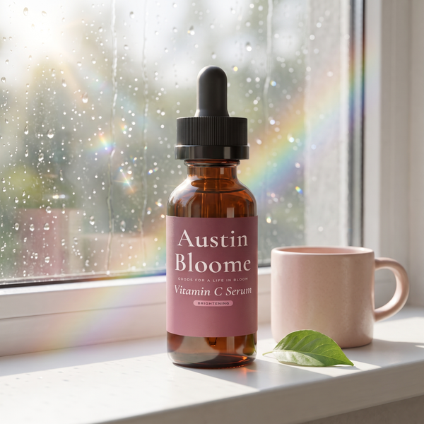 Vitamin C Serum on a bright window ledge as sun breaks through rain droplets