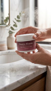 Hands holding Austin Bloome Skin Hydration Cream over a marble bathroom vanity