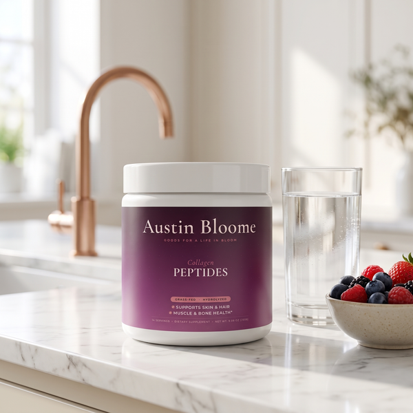 Grass-Fed Hydrolyzed Collagen Peptides tub on a kitchen bench