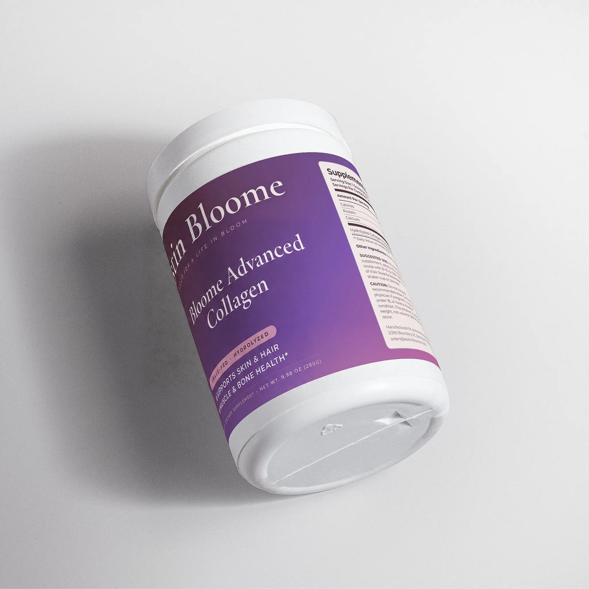 Bloome Advanced Collagen canister lying on its side