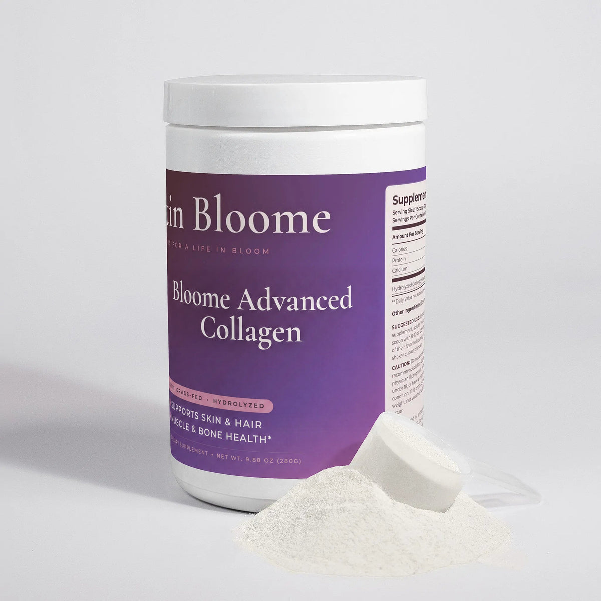 Bloome Advanced Collagen canister with a scoop of collagen powder