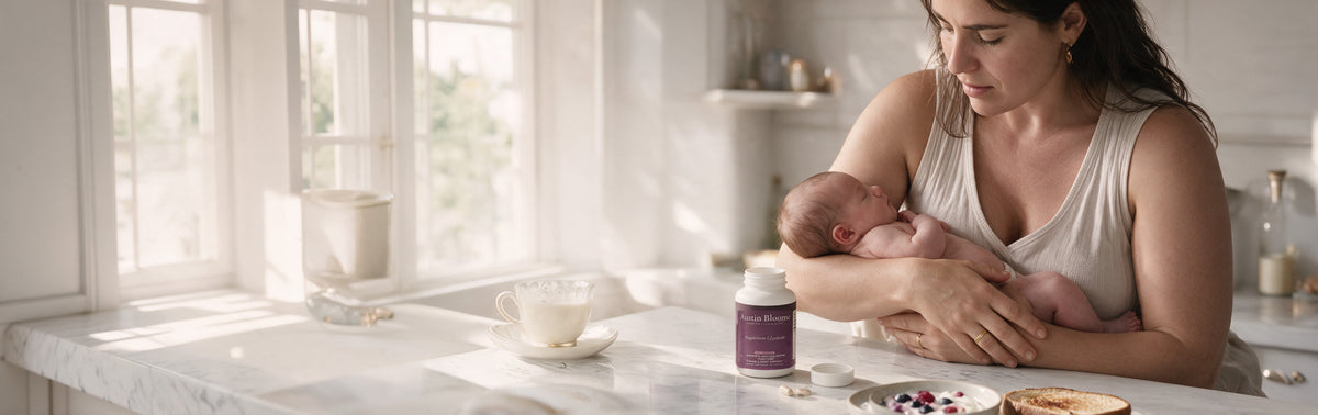Mother cradling her sleeping newborn at a sunlit marble kitchen bench over breakfast, with a bottle of Austin Bloome Magnesium Glycinate