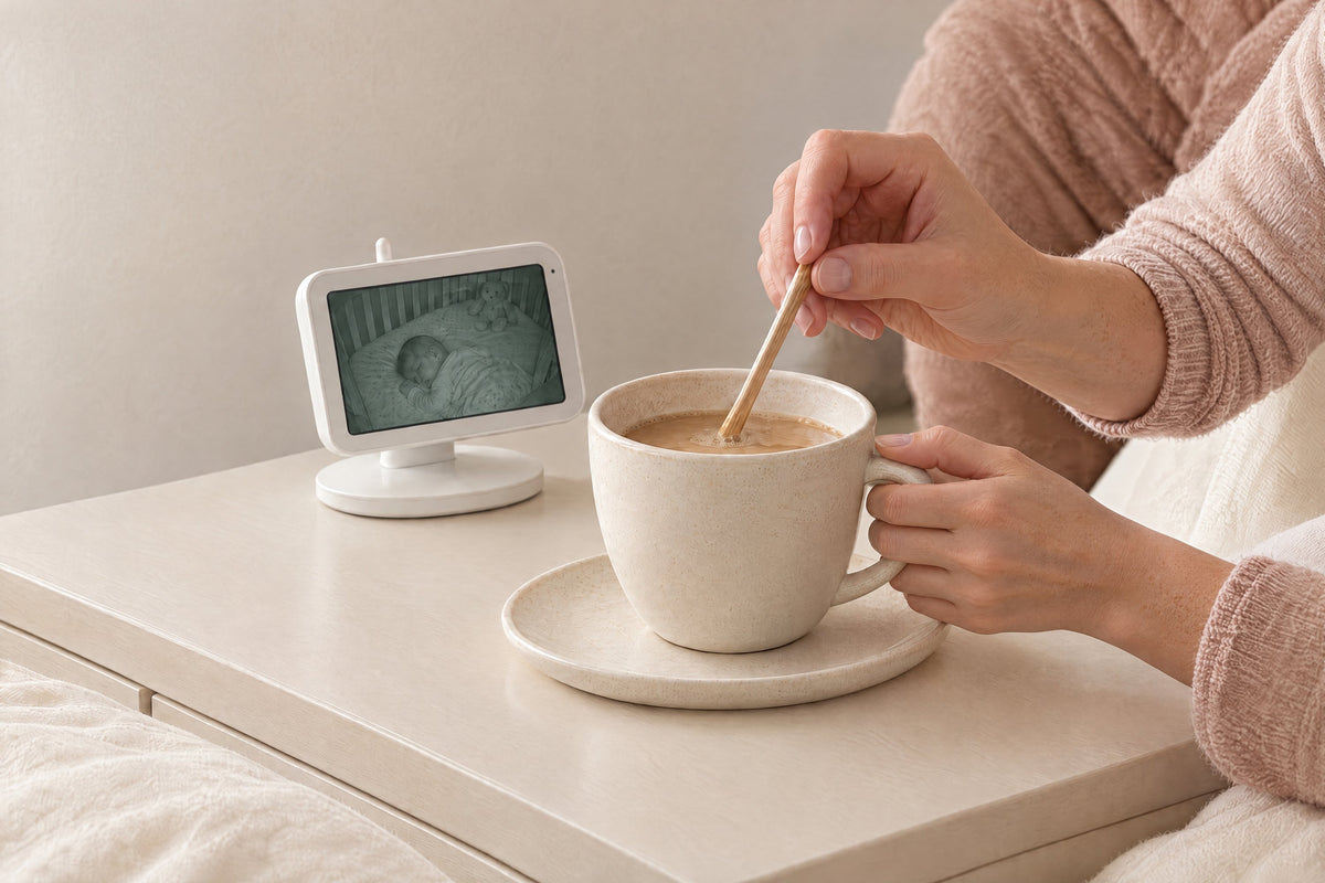 A mother's hands stirring a cup of milky tea on a bedside table, a video baby monitor showing her sleeping newborn beside it