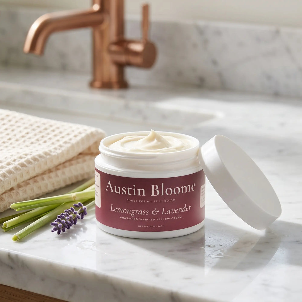 Open jar showing the whipped grass-fed tallow cream texture