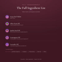 Full ingredient list for Tallow Cream Lemongrass & Lavender — five clean ingredients, and what is never used