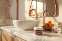 The 2 oz jar on a marble vanity in a warm bathroom with copper fittings