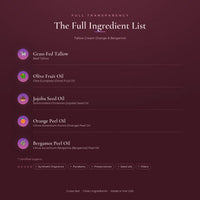 Full ingredient list for Tallow Cream Orange & Bergamot — five clean ingredients, and what is never used