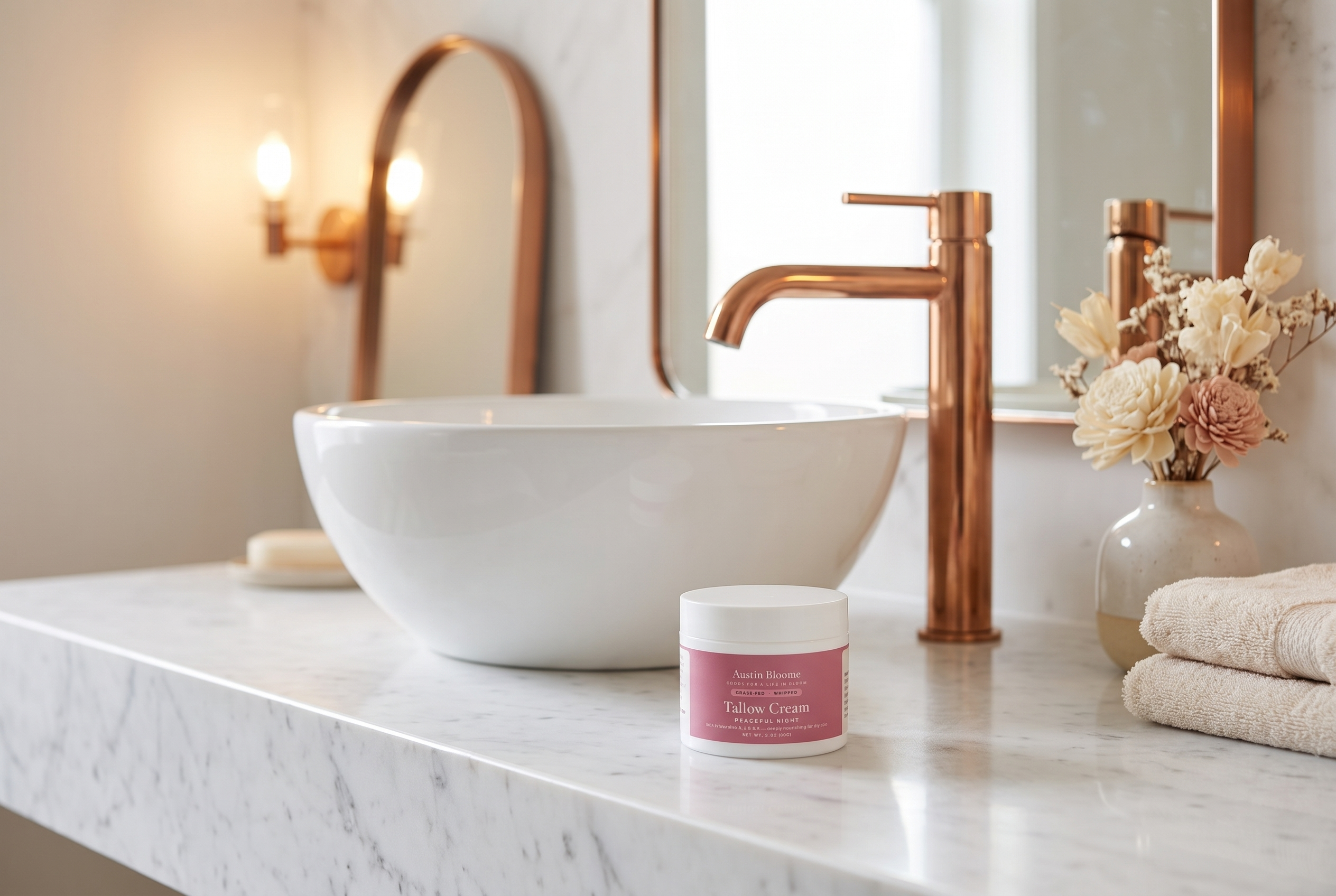 Tallow Cream Peaceful Night bathroom vanity scene