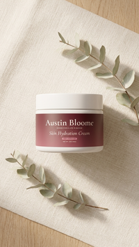 Skin Hydration Cream — linen and wood flat lay with eucalyptus