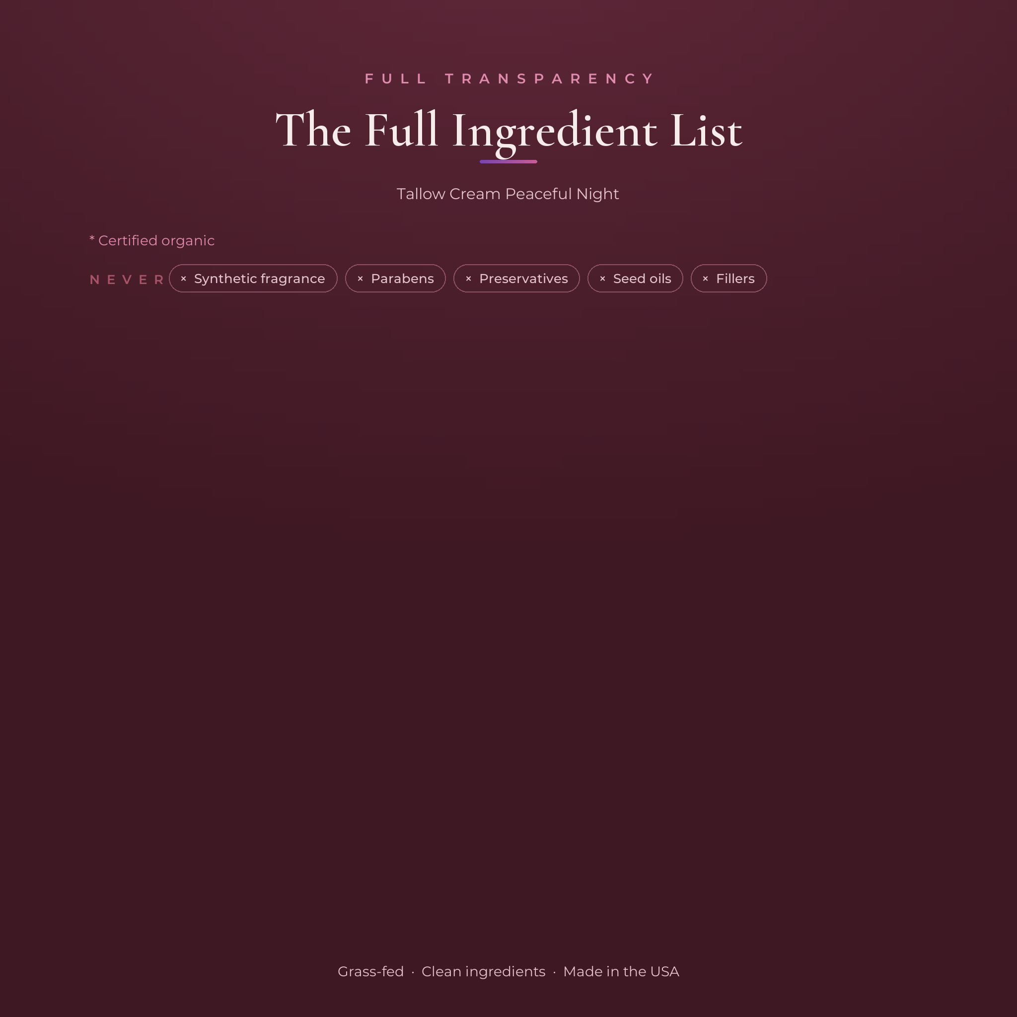 Tallow Cream Peaceful Night ingredients panel