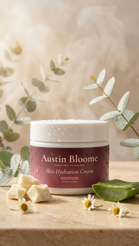 Austin Bloome Skin Hydration Cream jar on travertine with eucalyptus, shea butter and aloe