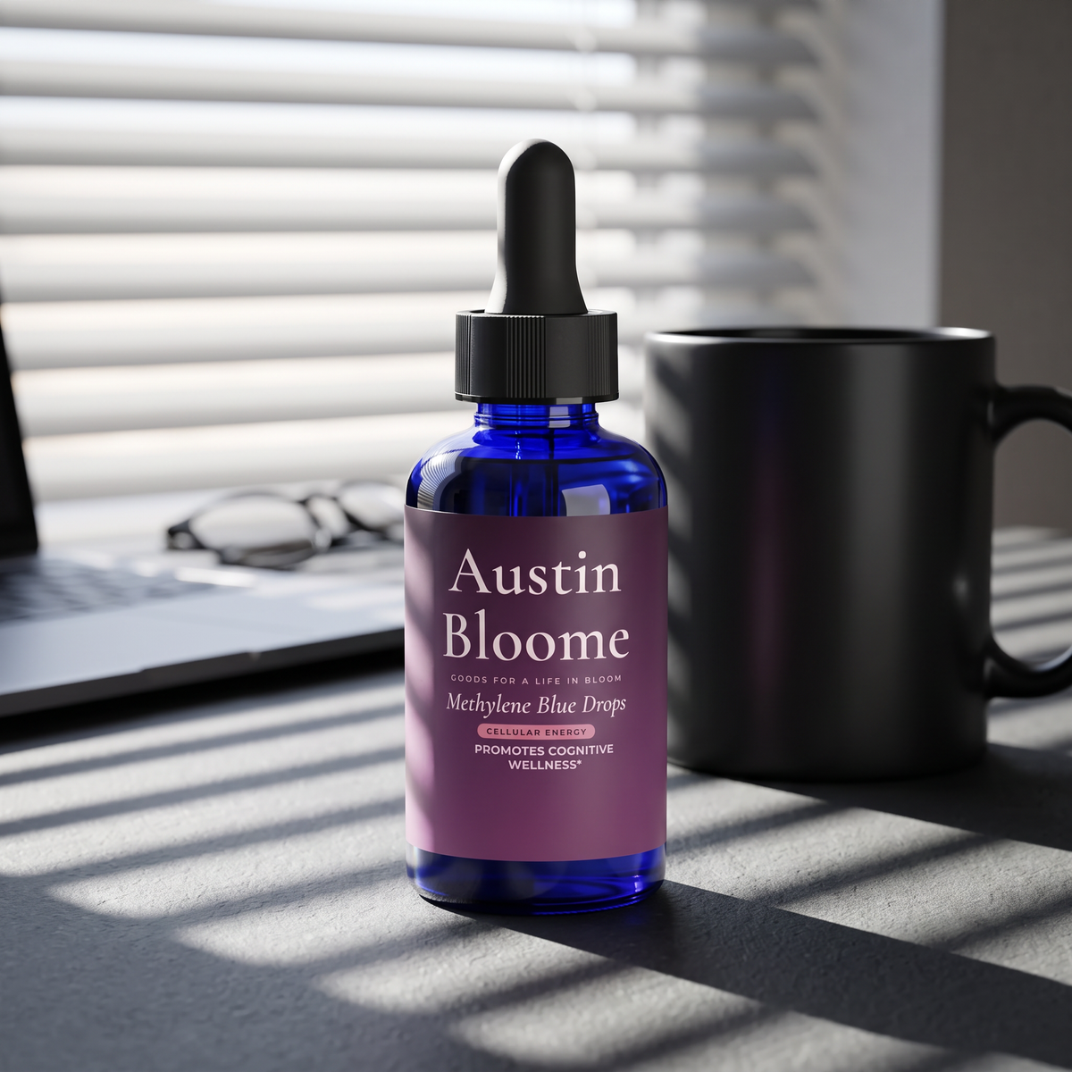 Methylene Blue Drops on a modern desk in sharp dawn light