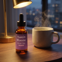 Reishi Calm Drops under warm lamplight on a side table with a mug of tea