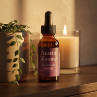 Reishi Calm Drops on a console table at golden hour with a candle and plant