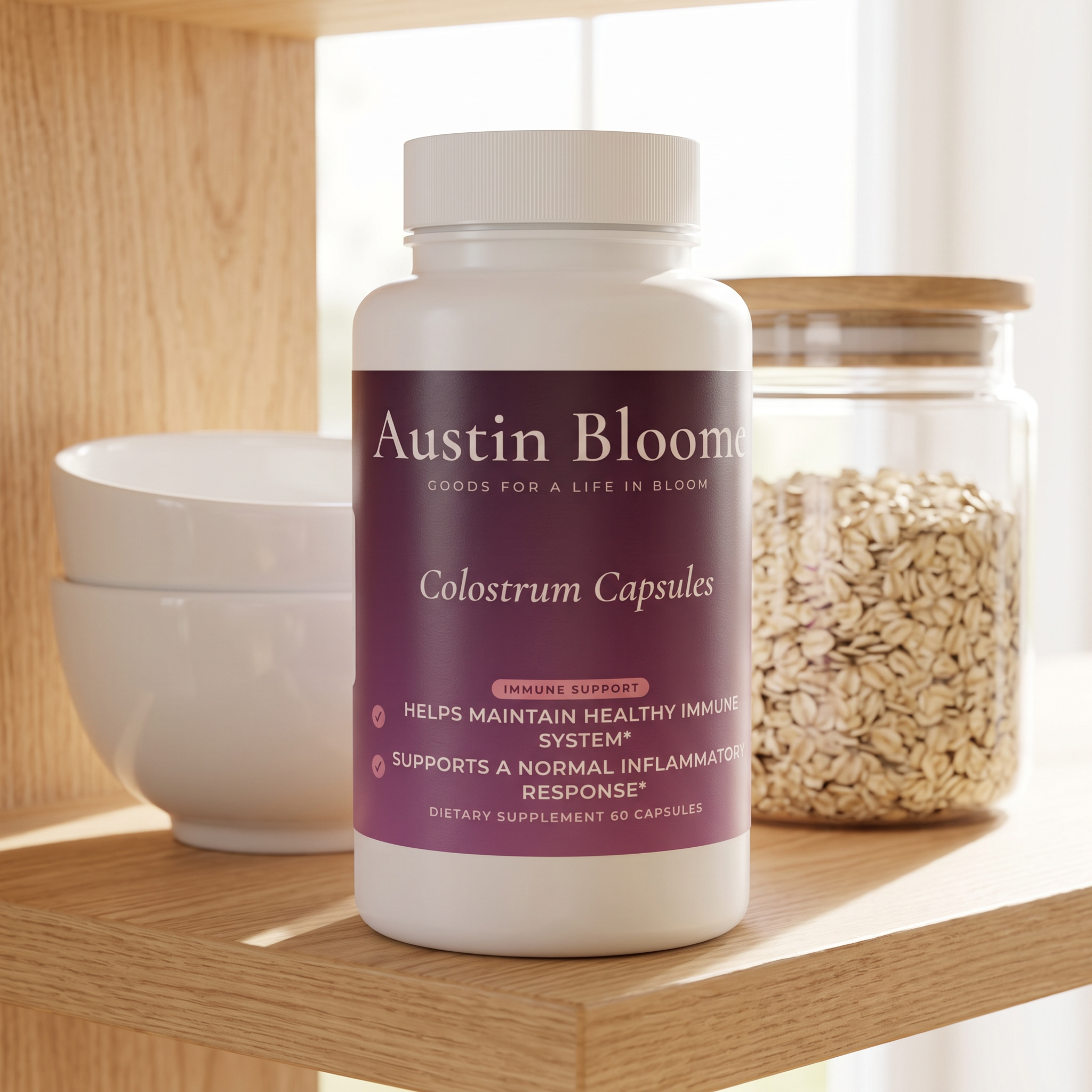 Colostrum Capsules on a sunlit open kitchen shelf with bowls and oats