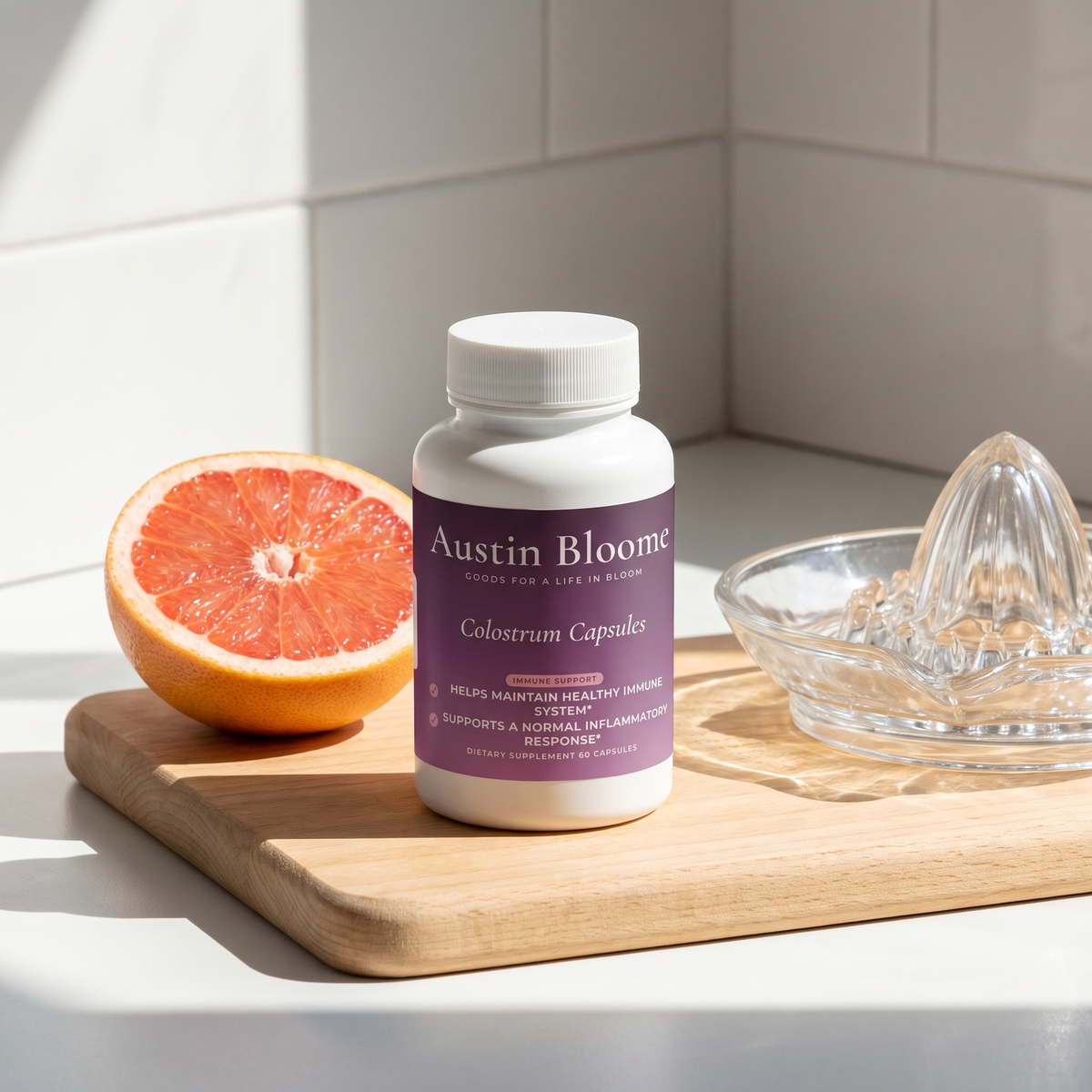 Colostrum Capsules on a sunlit chopping board with grapefruit and a juicer
