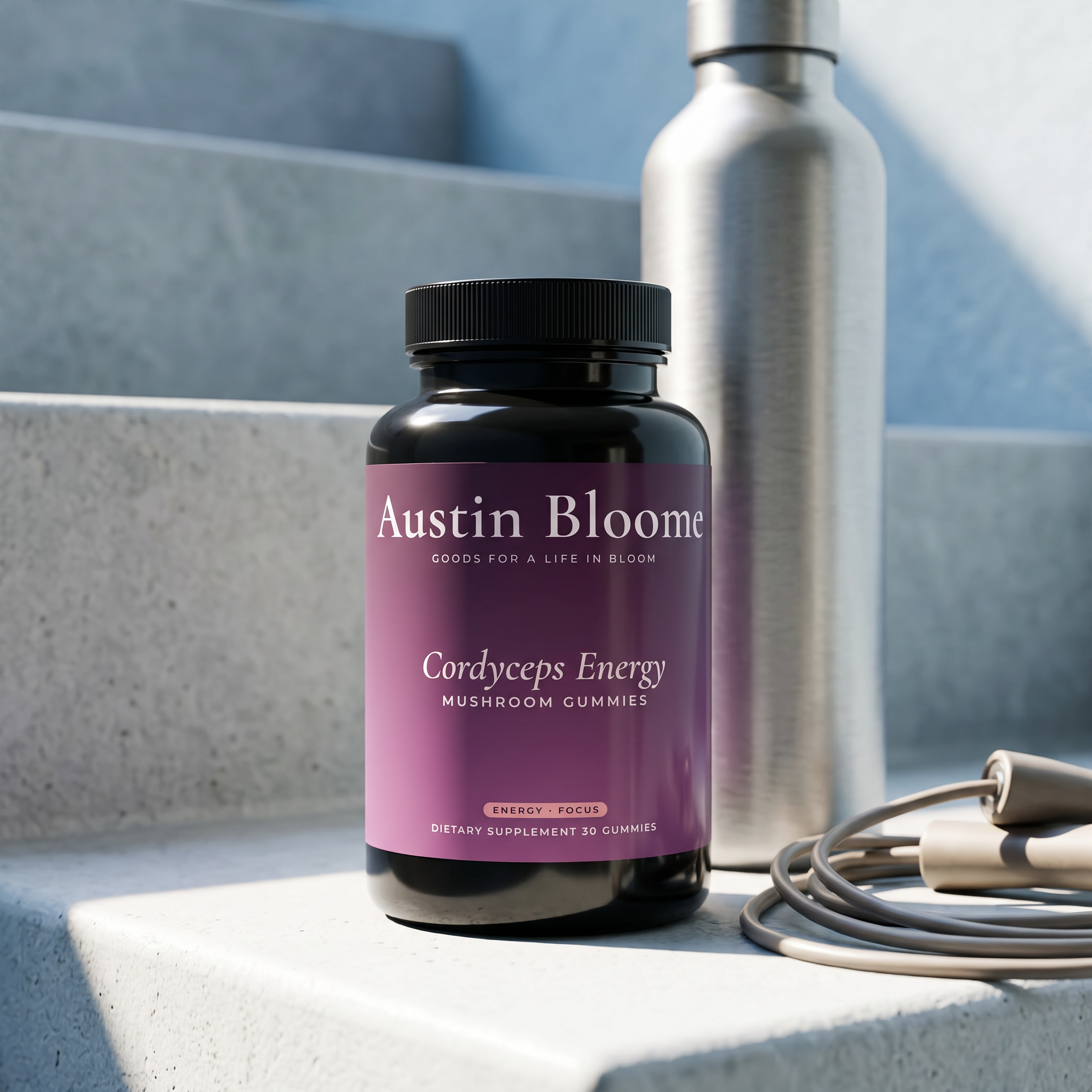 Cordyceps Energy Gummies on a sunlit stair landing with a water bottle and skipping rope
