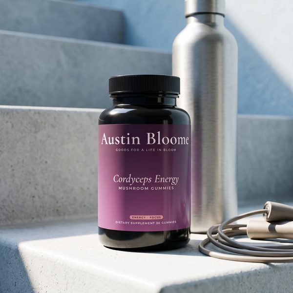 Cordyceps Energy Gummies on a sunlit stair landing with a water bottle and skipping rope
