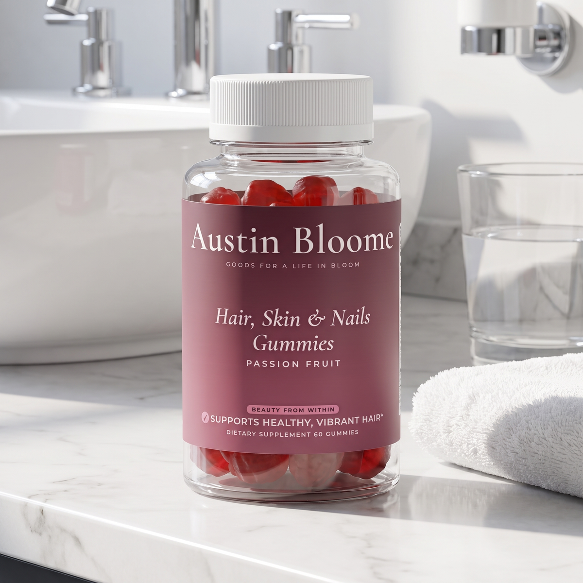 Hair, Skin & Nails Gummies on a bright marble bathroom counter