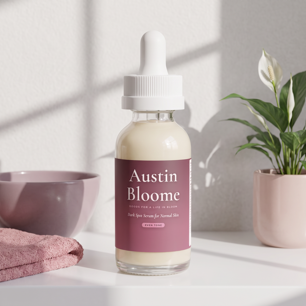 Dark Spot Serum on a bright shelf with window light, a mauve bowl and a peace lily