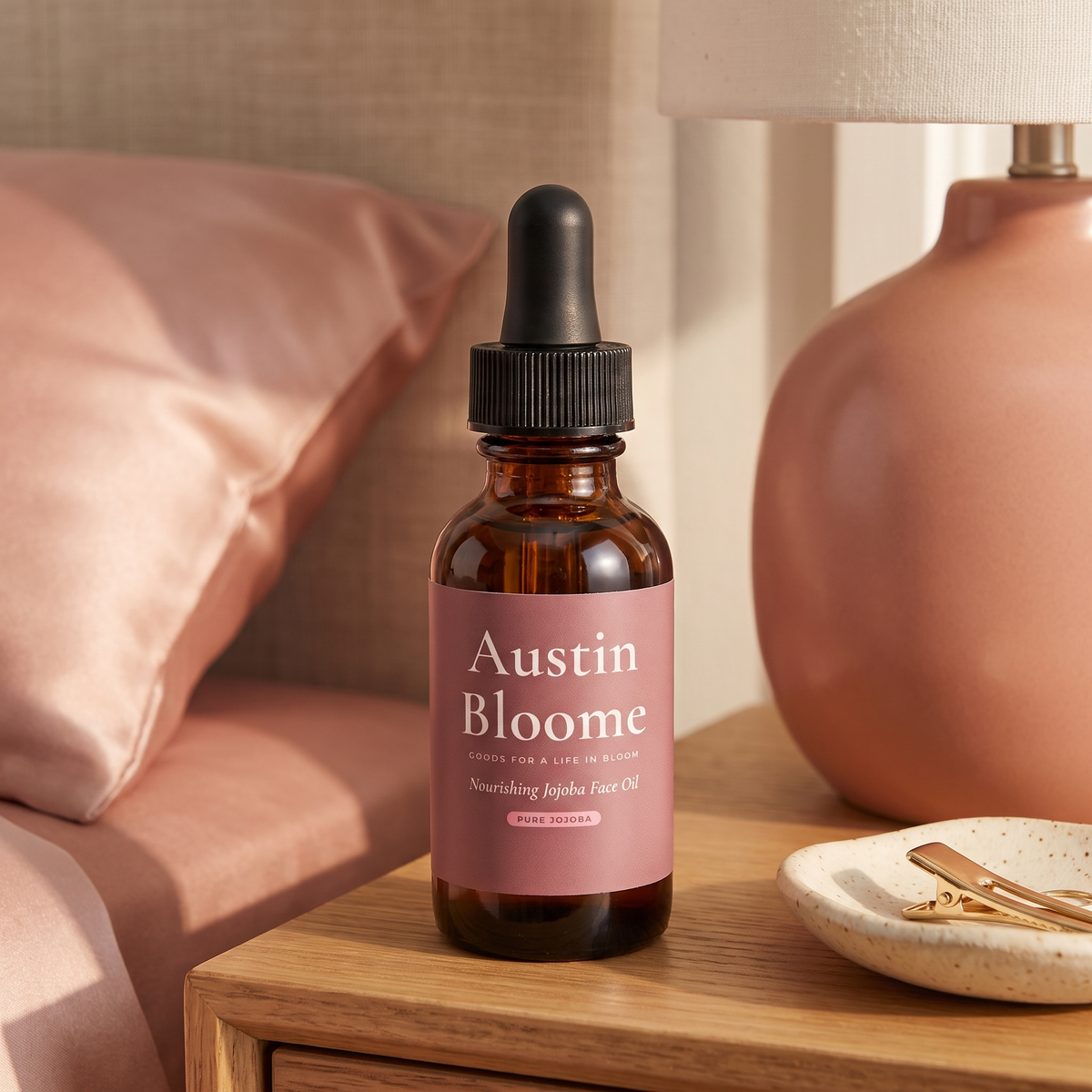 Nourishing Jojoba Face Oil on a bedside table in soft morning light