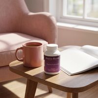 Resveratrol on a side table in a sunlit reading corner with tea