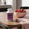 Resveratrol on a bright morning dining table with a bowl of fresh berries