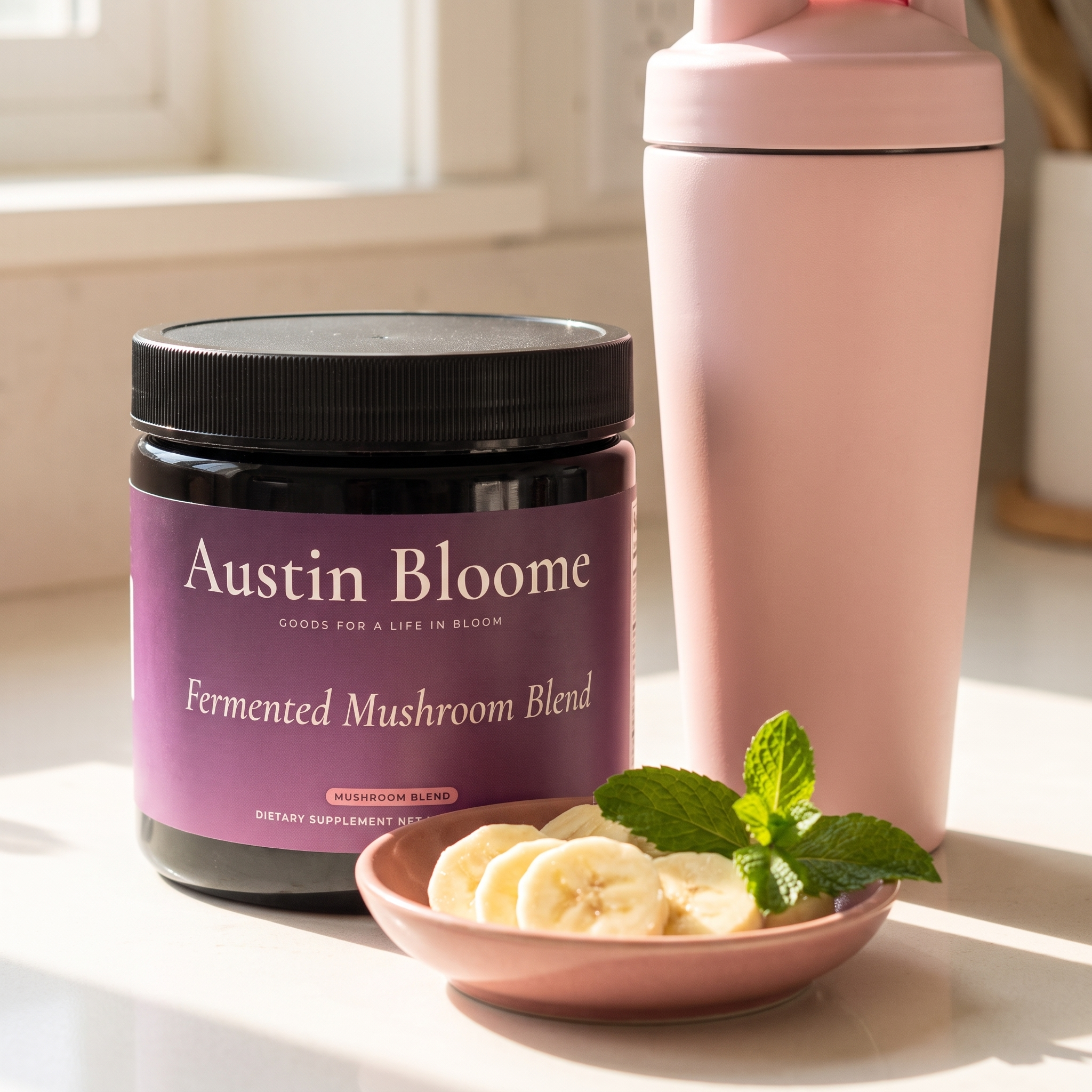 Fermented Mushroom Blend on a sunny counter with a pink shaker bottle
