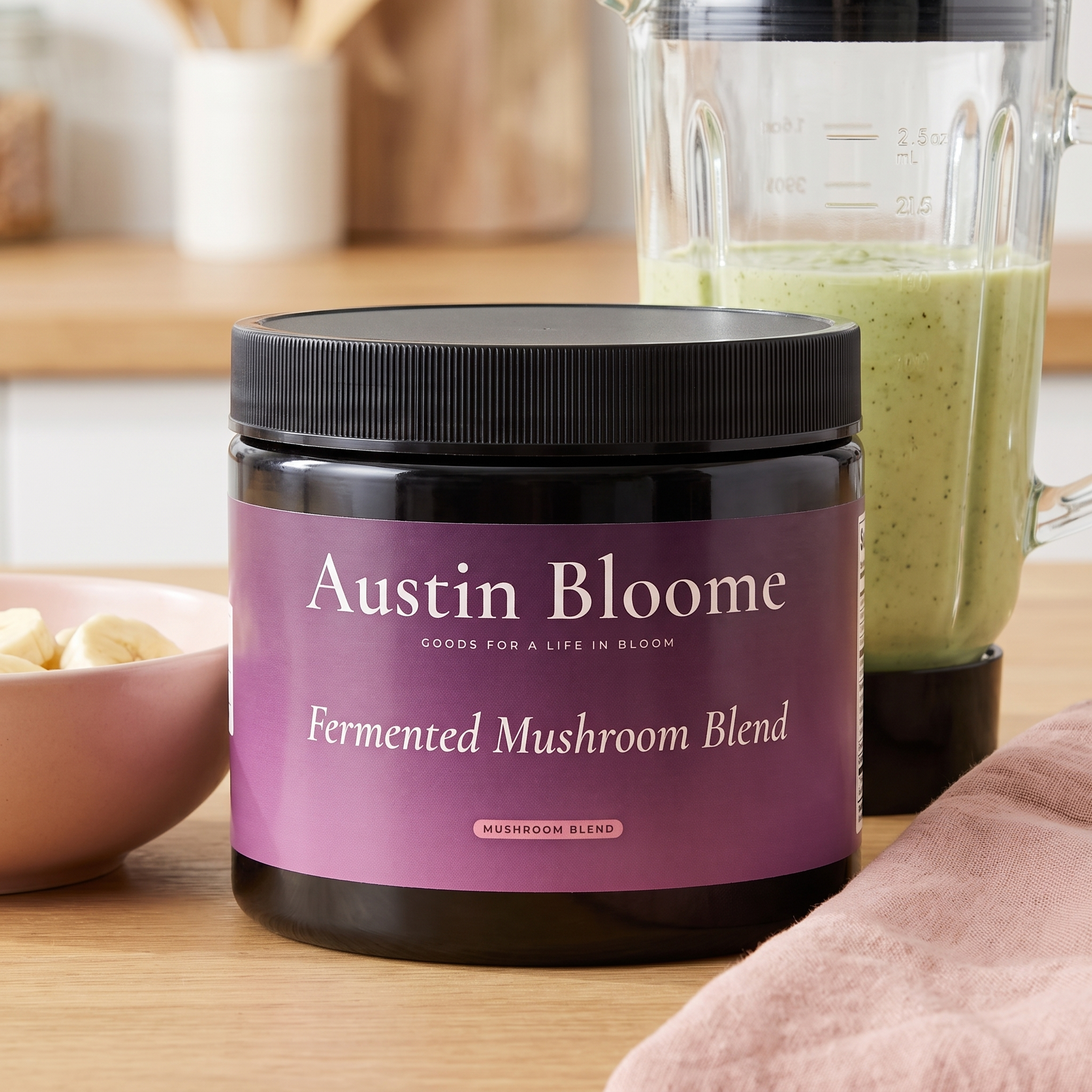 Fermented Mushroom Blend on a bright kitchen bench during smoothie prep