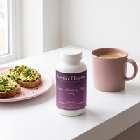 Omega-3 on a bright breakfast bar with avocado toast and coffee