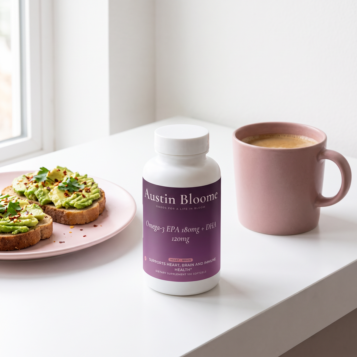 Omega-3 on a bright breakfast bar with avocado toast and coffee