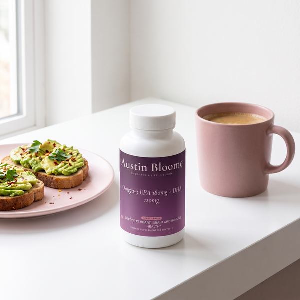 Omega-3 on a bright breakfast bar with avocado toast and coffee