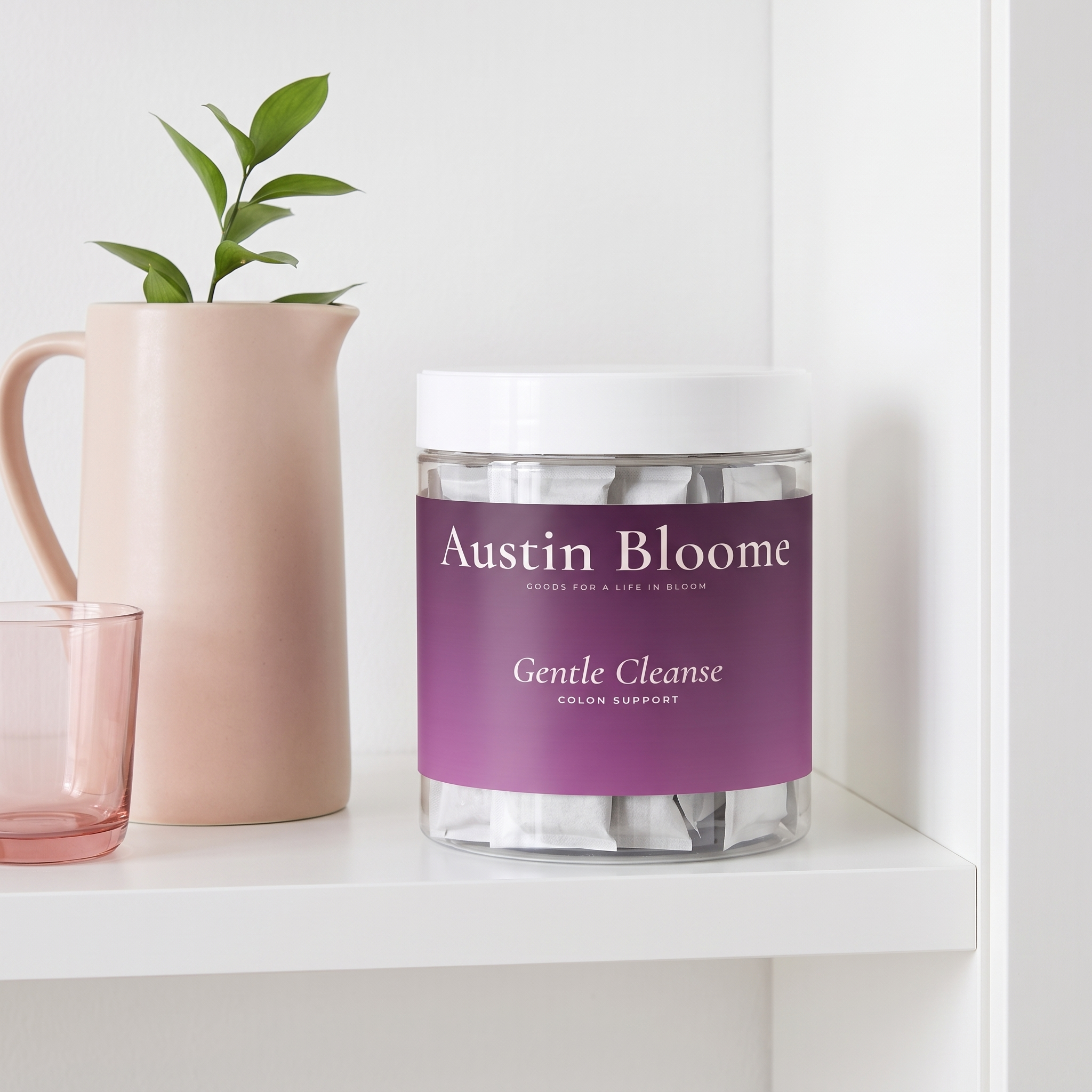 Gentle Cleanse on a bright open kitchen shelf with a blush jug