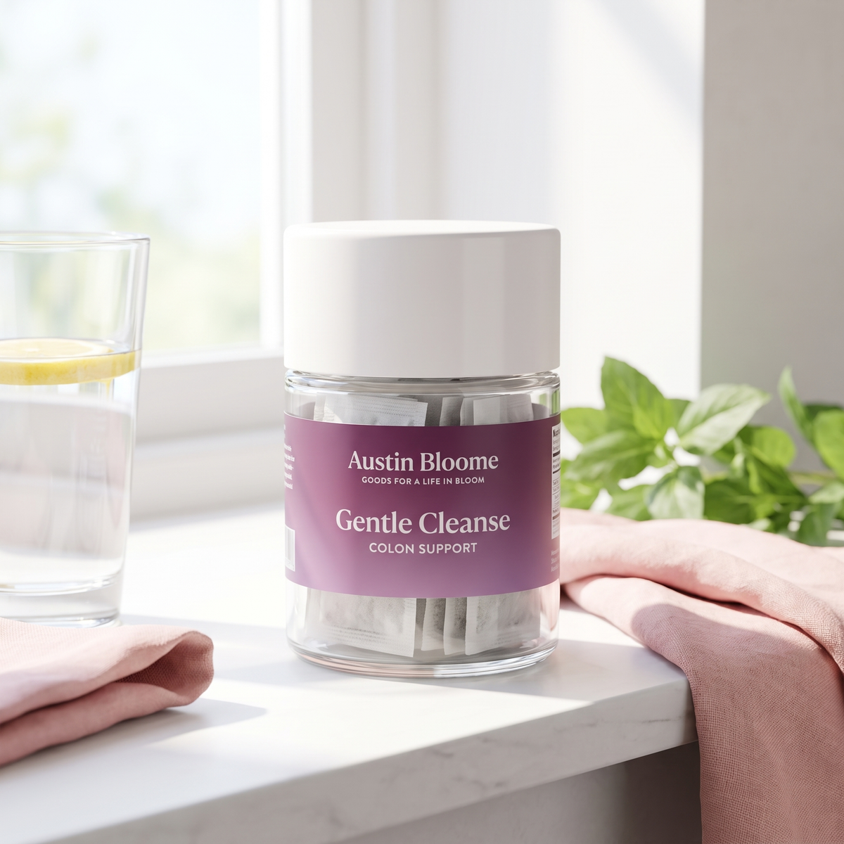 Gentle Cleanse on a sunlit kitchen bench with lemon water