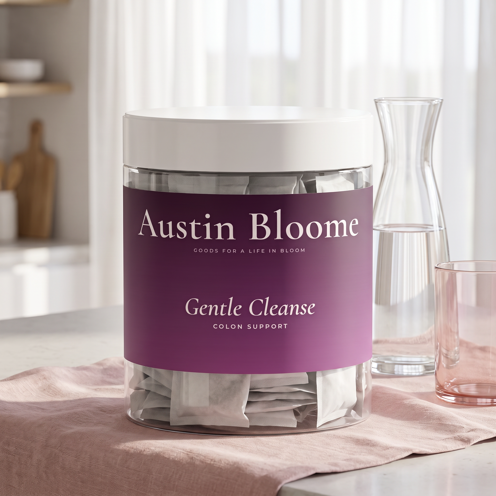 Gentle Cleanse in an airy bright kitchen with a water carafe