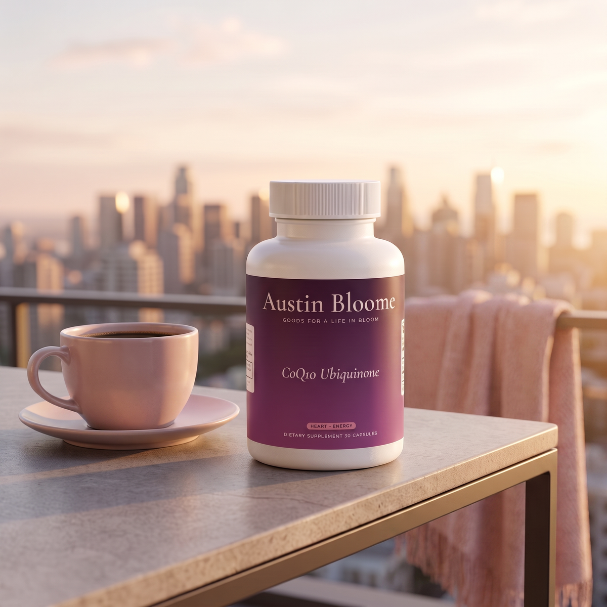 CoQ10 Ubiquinone — city balcony sunrise scene